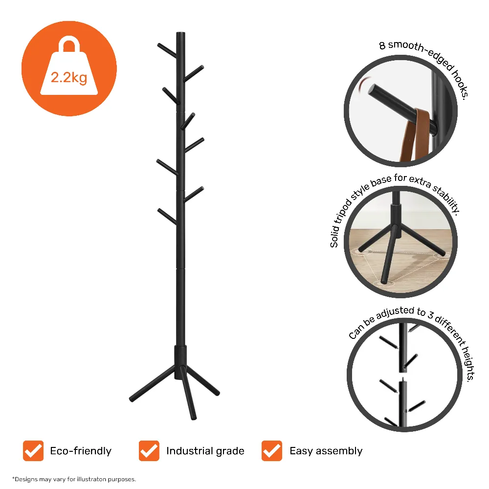 Black Height Adjustable Wooden Hall Tree Coat Rack with 8 Hooks
