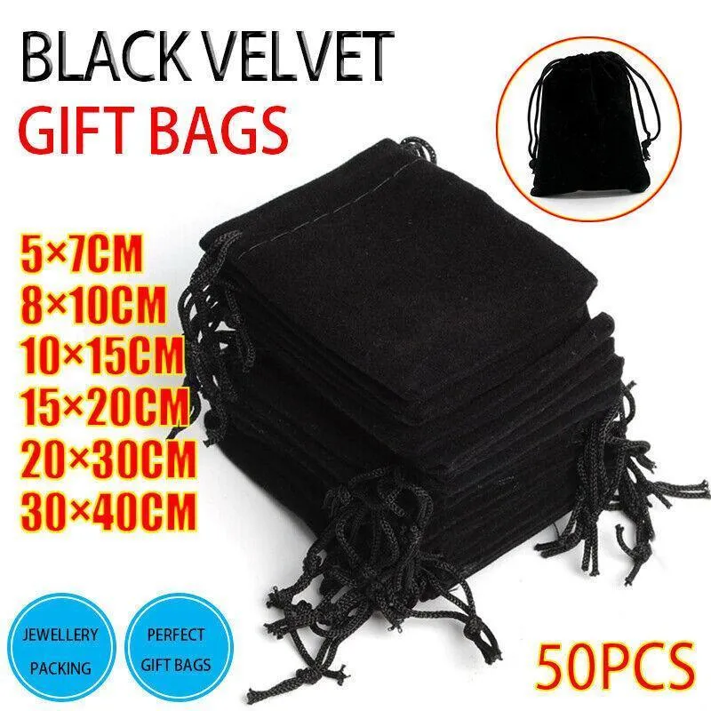 Black Velvet Drawstring Gift Bags 10-100PCS 6Sizes