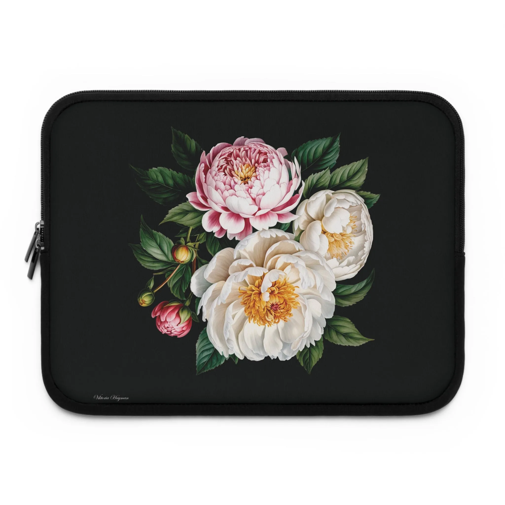 BLOOMING TECH: PEONIES IN BLOOM LAPTOP SLEEVE.NOIR/MULTI