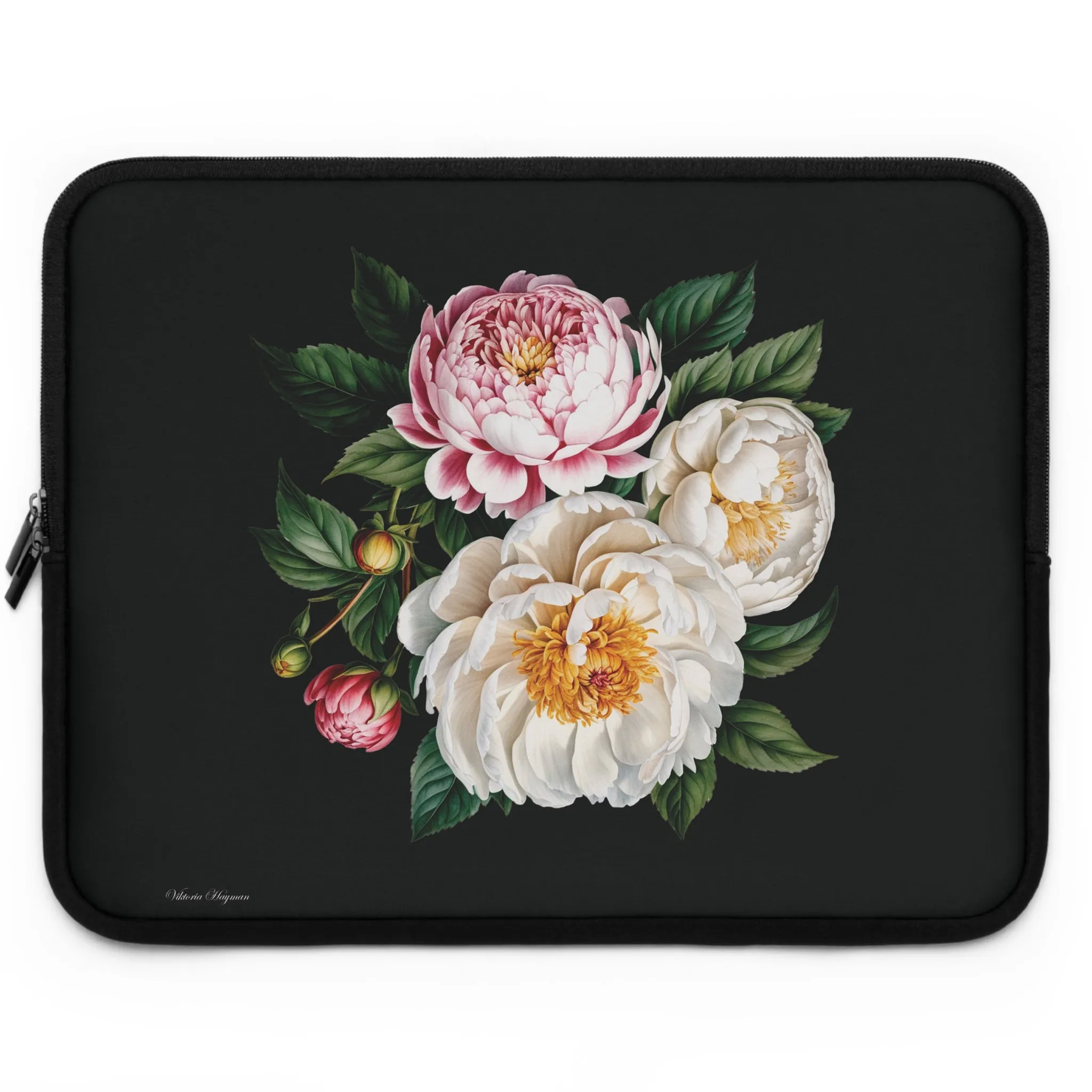 BLOOMING TECH: PEONIES IN BLOOM LAPTOP SLEEVE.NOIR/MULTI