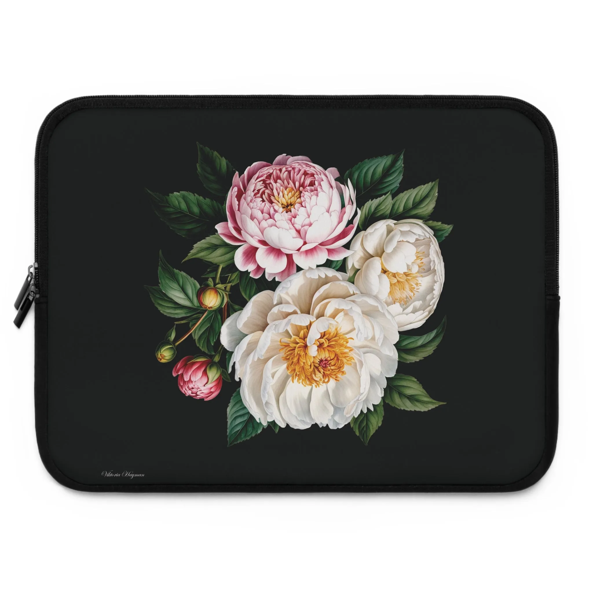 BLOOMING TECH: PEONIES IN BLOOM LAPTOP SLEEVE.NOIR/MULTI