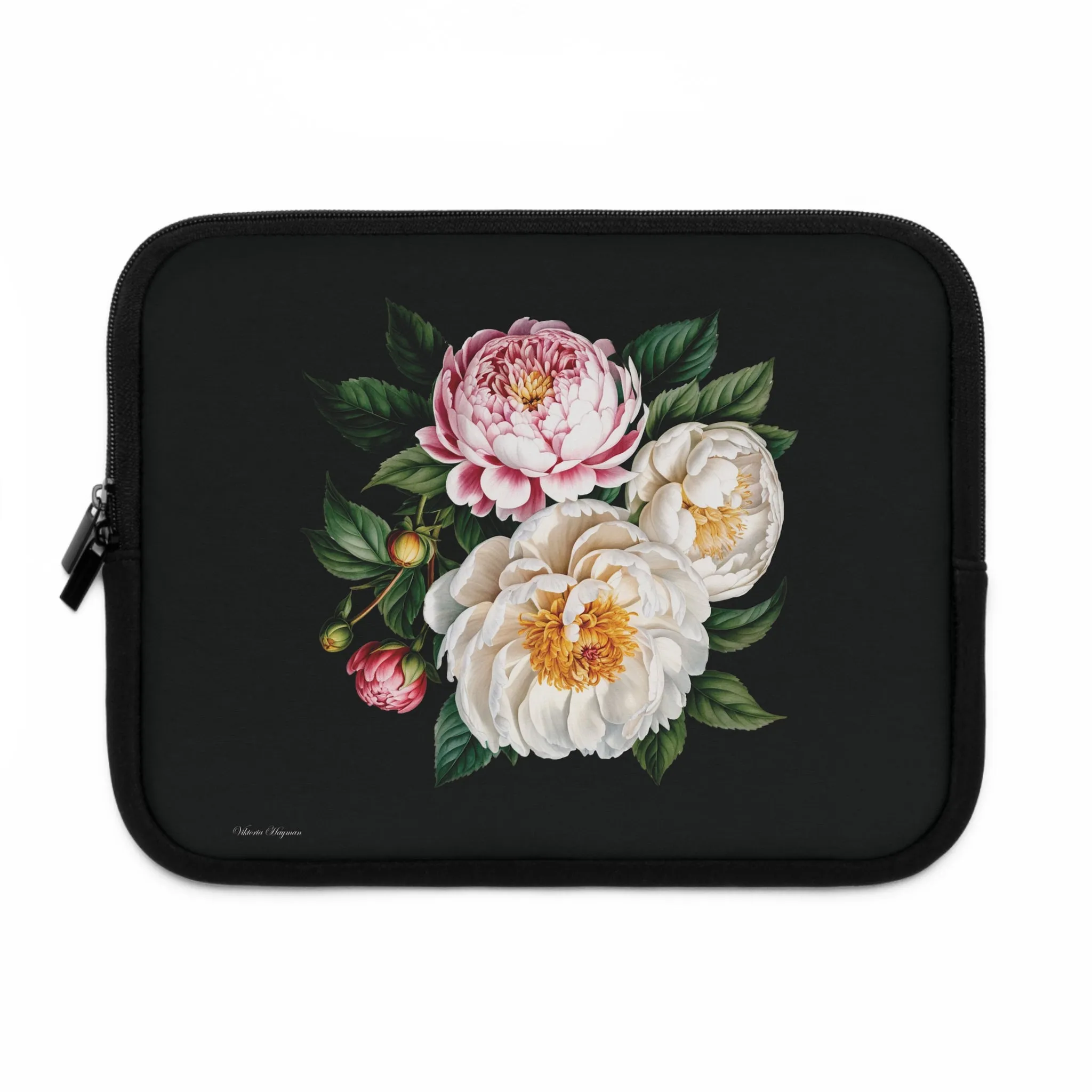 BLOOMING TECH: PEONIES IN BLOOM LAPTOP SLEEVE.NOIR/MULTI