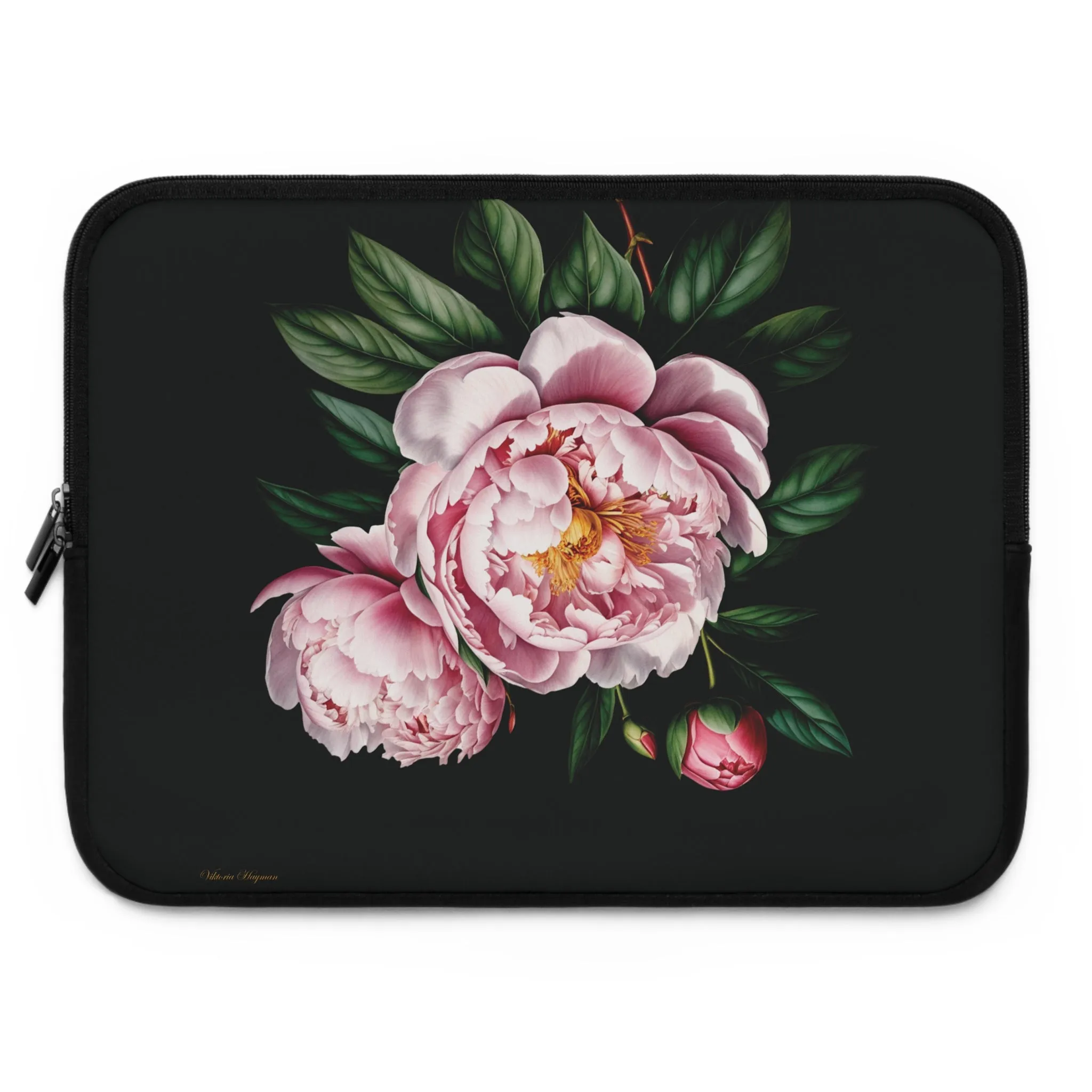 BLOOMING TECH: PEONIES IN BLOOM LAPTOP SLEEVE.NOIR/PINK