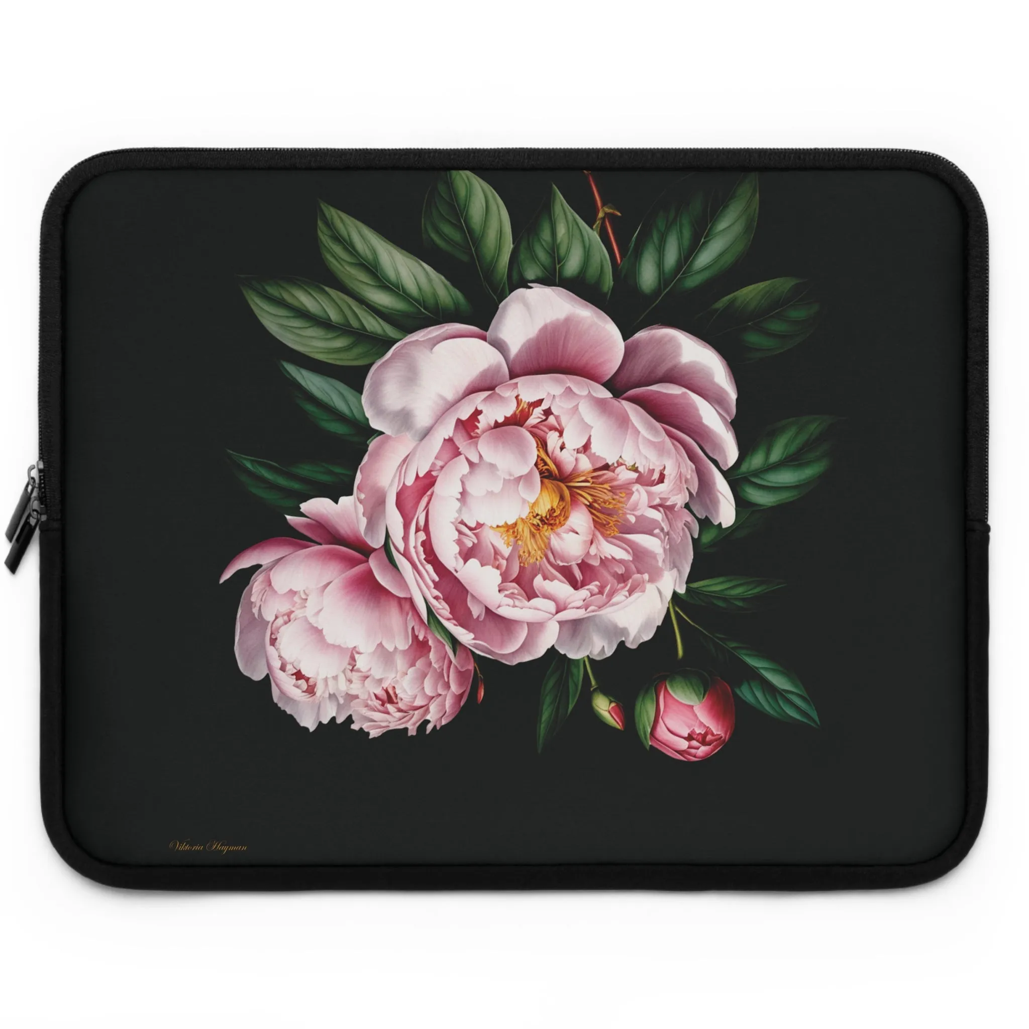 BLOOMING TECH: PEONIES IN BLOOM LAPTOP SLEEVE.NOIR/PINK