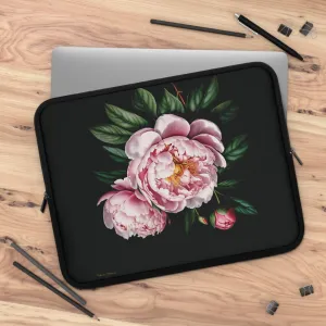 BLOOMING TECH: PEONIES IN BLOOM LAPTOP SLEEVE.NOIR/PINK