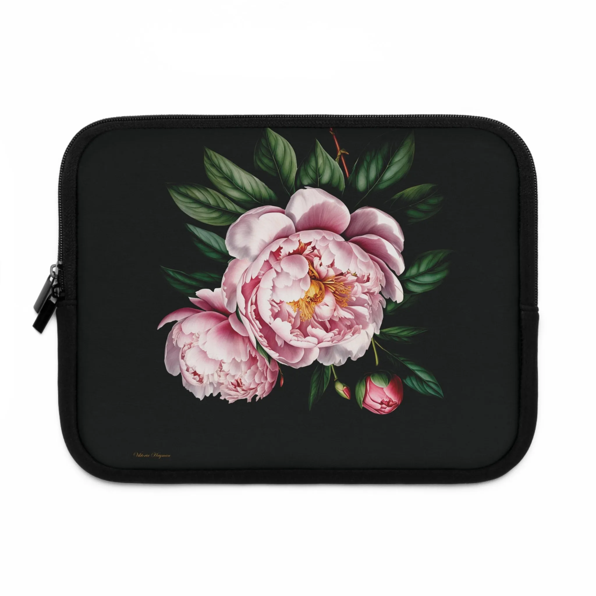 BLOOMING TECH: PEONIES IN BLOOM LAPTOP SLEEVE.NOIR/PINK