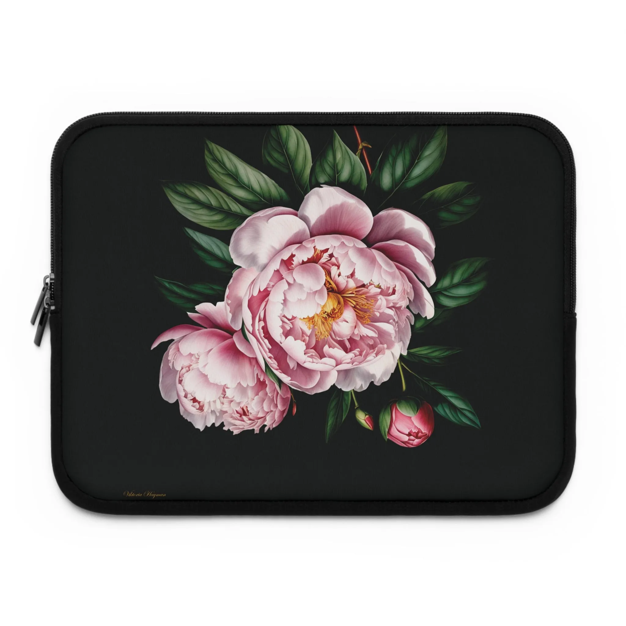 BLOOMING TECH: PEONIES IN BLOOM LAPTOP SLEEVE.NOIR/PINK