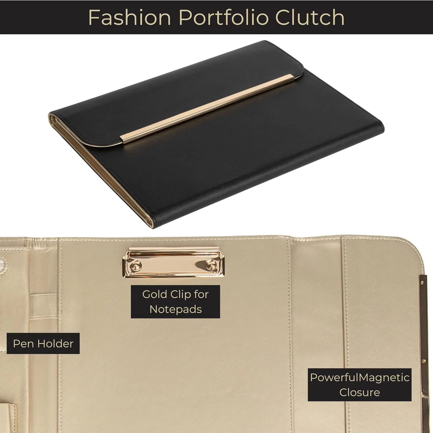 BLU MONACO Black Vegan Leather Portfolio Binder for Women - Professional Padfolio with Magnetic Closure & Gold Trim, Business Organizer Case