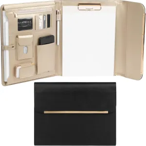 BLU MONACO Black Vegan Leather Portfolio Binder for Women - Professional Padfolio with Magnetic Closure & Gold Trim, Business Organizer Case