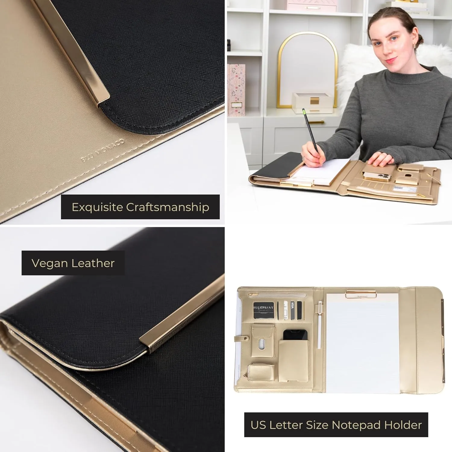 BLU MONACO Black Vegan Leather Portfolio Binder for Women - Professional Padfolio with Magnetic Closure & Gold Trim, Business Organizer Case