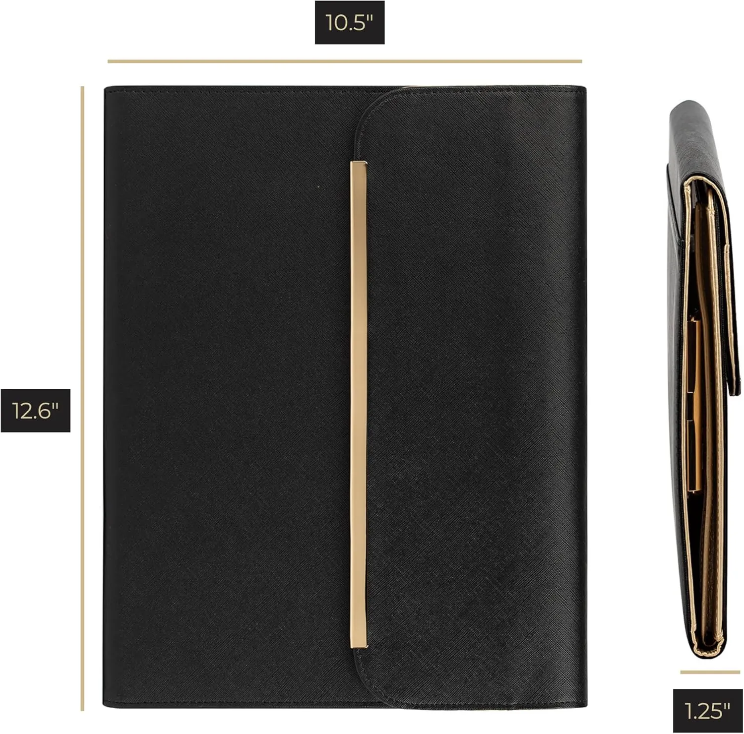 BLU MONACO Black Vegan Leather Portfolio Binder for Women - Professional Padfolio with Magnetic Closure & Gold Trim, Business Organizer Case