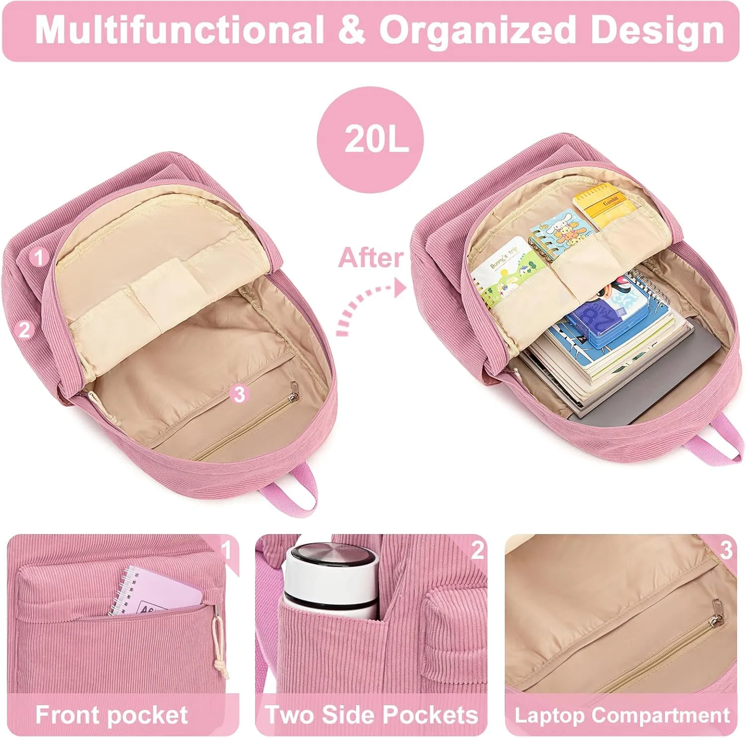 Bluboon Backpack for School Girls Backpack Cute Corduroy Bookbag Kids Backpack Laptop Backpack Gifts for Women