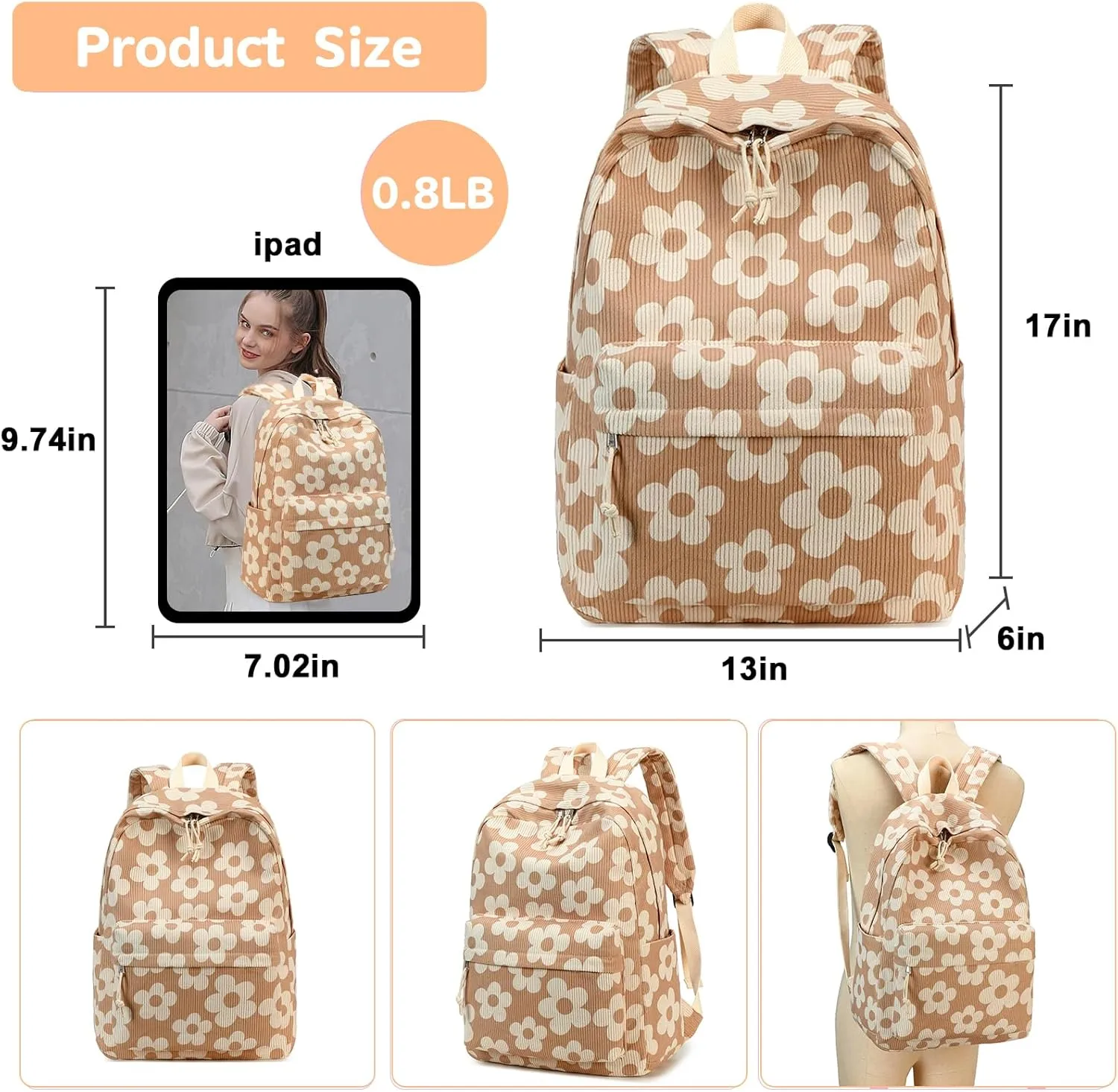 Bluboon Backpack for School Girls Women, Cute Corduroy Laptop Bookbag for Kids Teens, Durable Girls Lightweight Backpack
