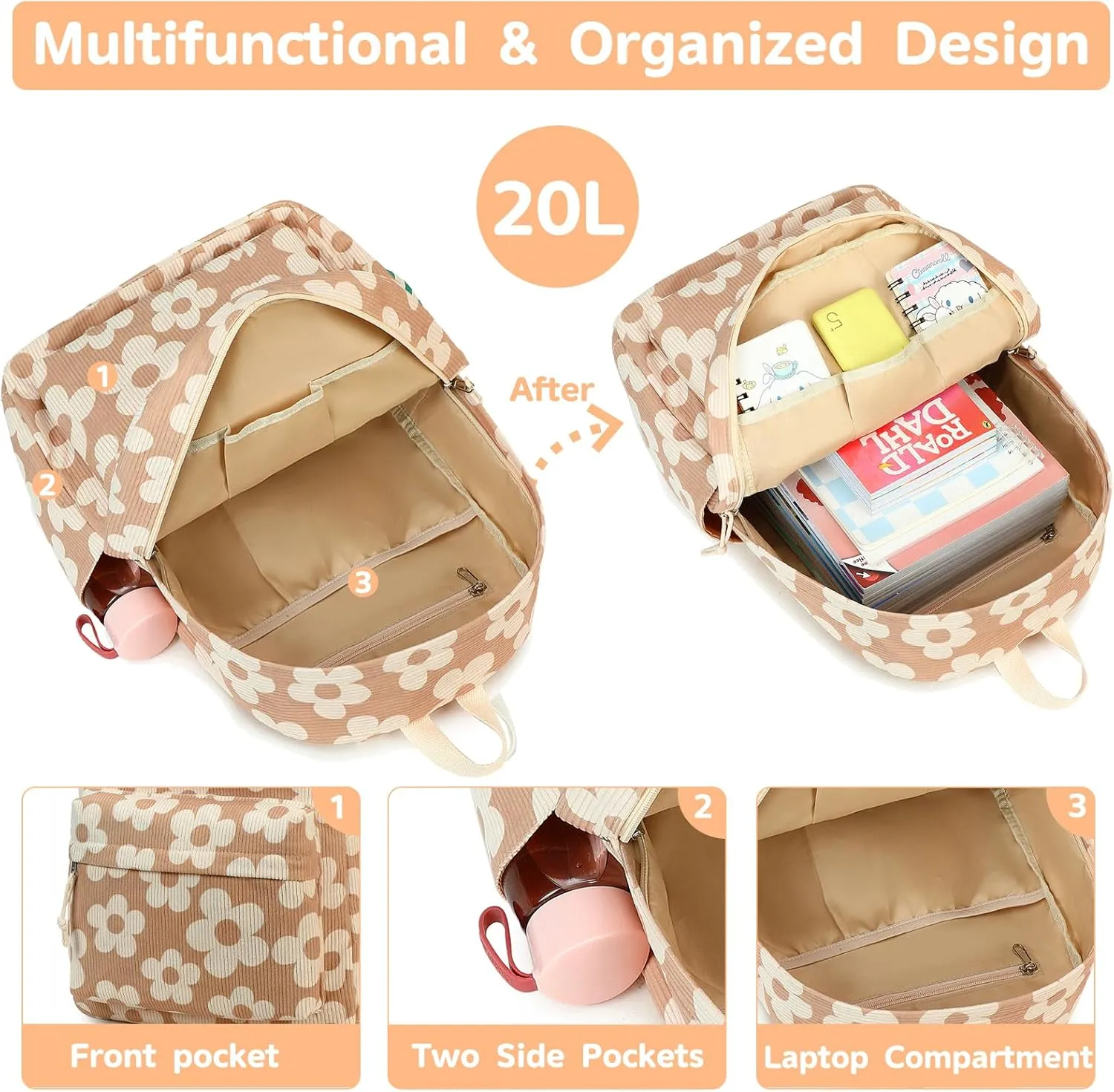 Bluboon Backpack for School Girls Women, Cute Corduroy Laptop Bookbag for Kids Teens, Durable Girls Lightweight Backpack