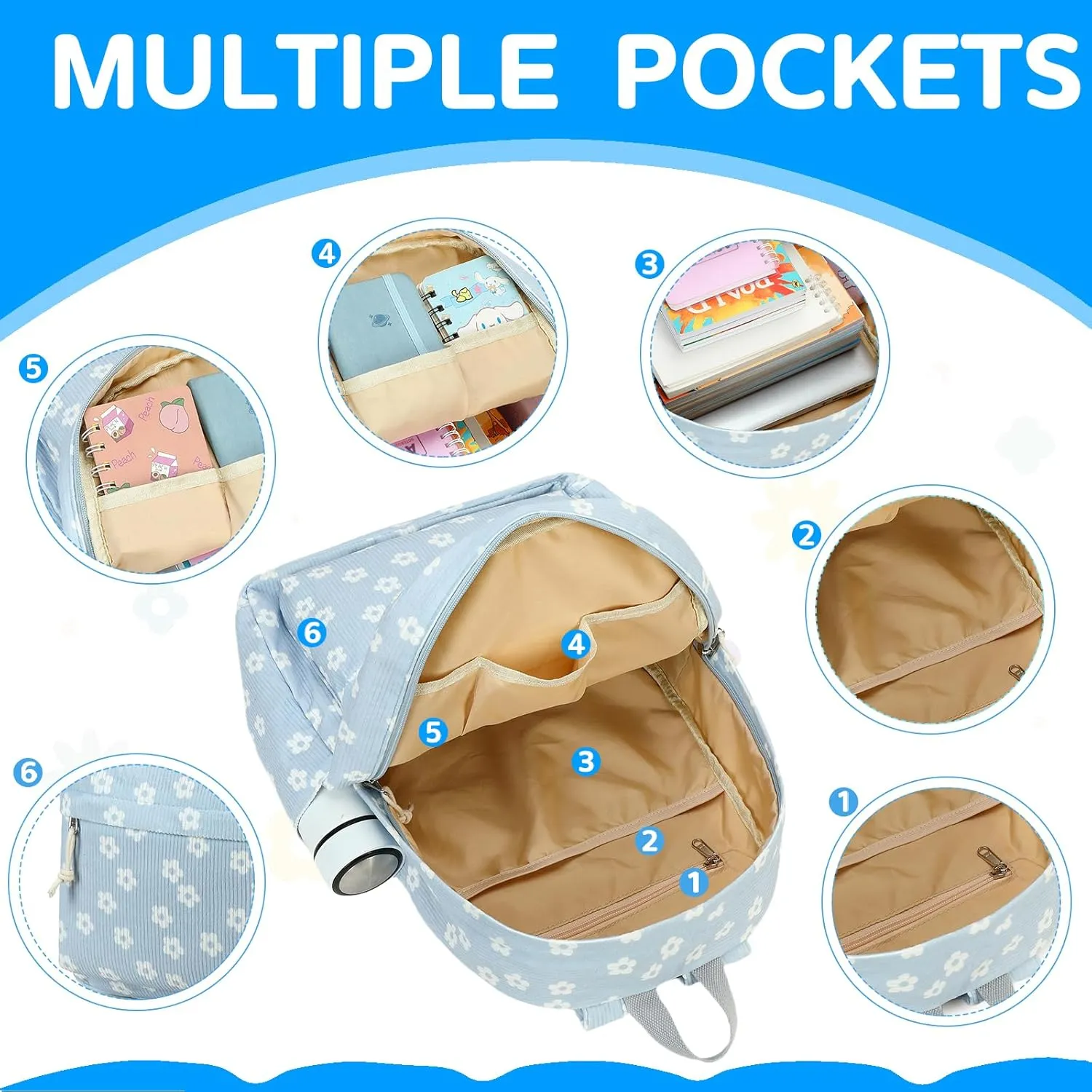 Bluboon Backpack for School Girls Women, Cute Corduroy Laptop Bookbag for Kids Teens, Durable Girls Lightweight Backpack