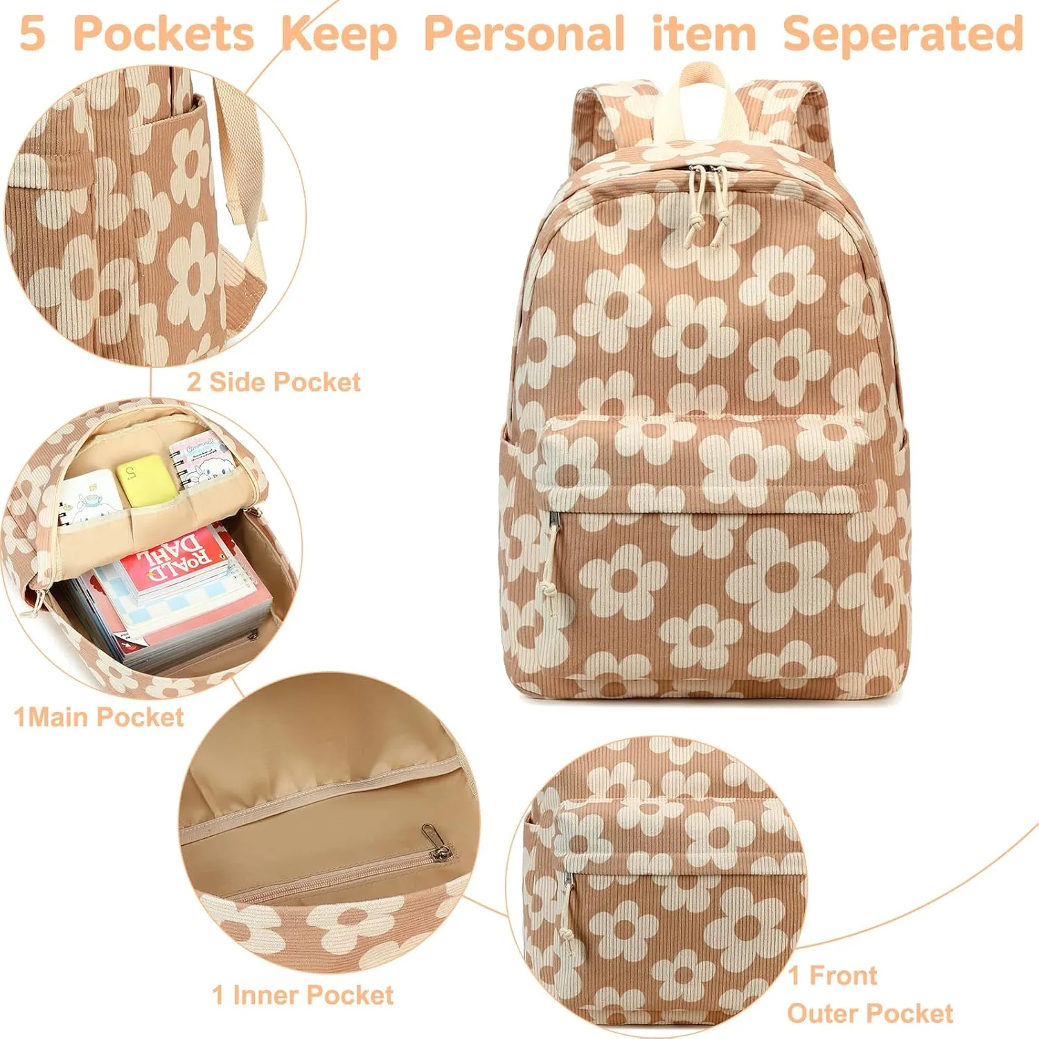 Bluboon Backpack for School Girls Women, Cute Corduroy Laptop Bookbag for Kids Teens, Durable Girls Lightweight Backpack