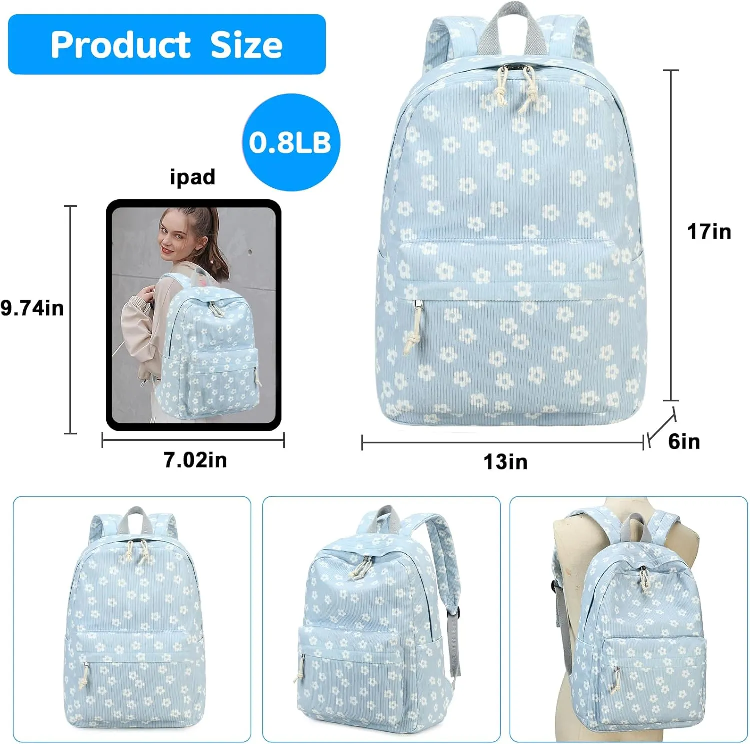 Bluboon Backpack for School Girls Women, Cute Corduroy Laptop Bookbag for Kids Teens, Durable Girls Lightweight Backpack