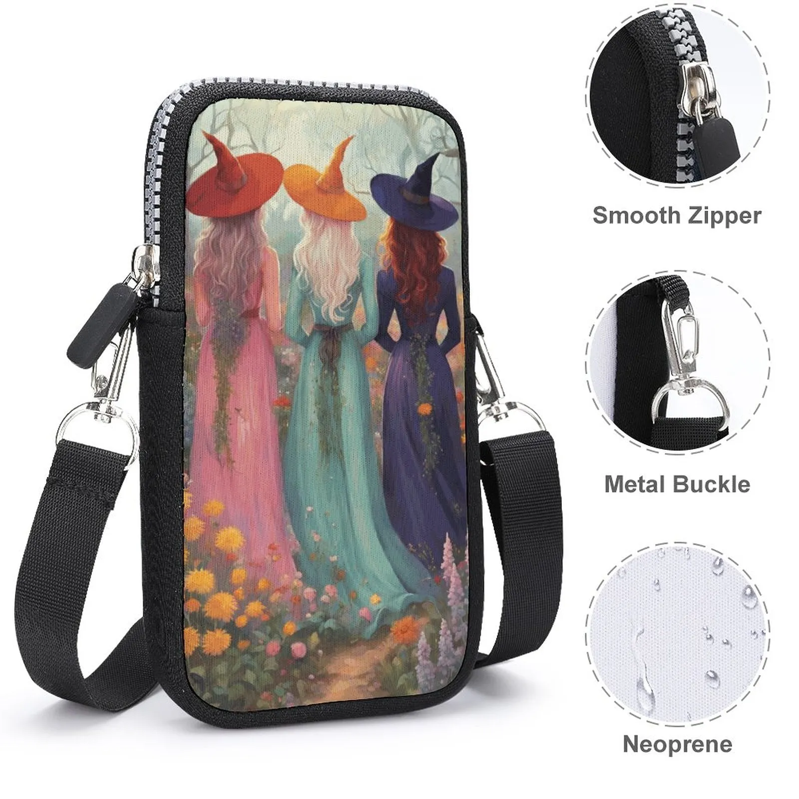 Boho Sister Witches Cell Phone Crossbody Pouch, Occult Personalized gift, Mystical Witches Wicca Three Witches Coven Witchy Stuff, Witch Bag