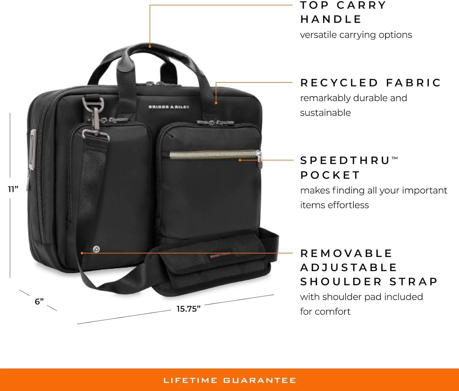 Briggs & Riley Medium Expandable Briefcase - Laptop Bag for Work & Travel, Briefs for Men & Women, Includes Shoulder Strap, Self-Repairing Zippers, Fits up to 15" Computer - HTA Collection, Black