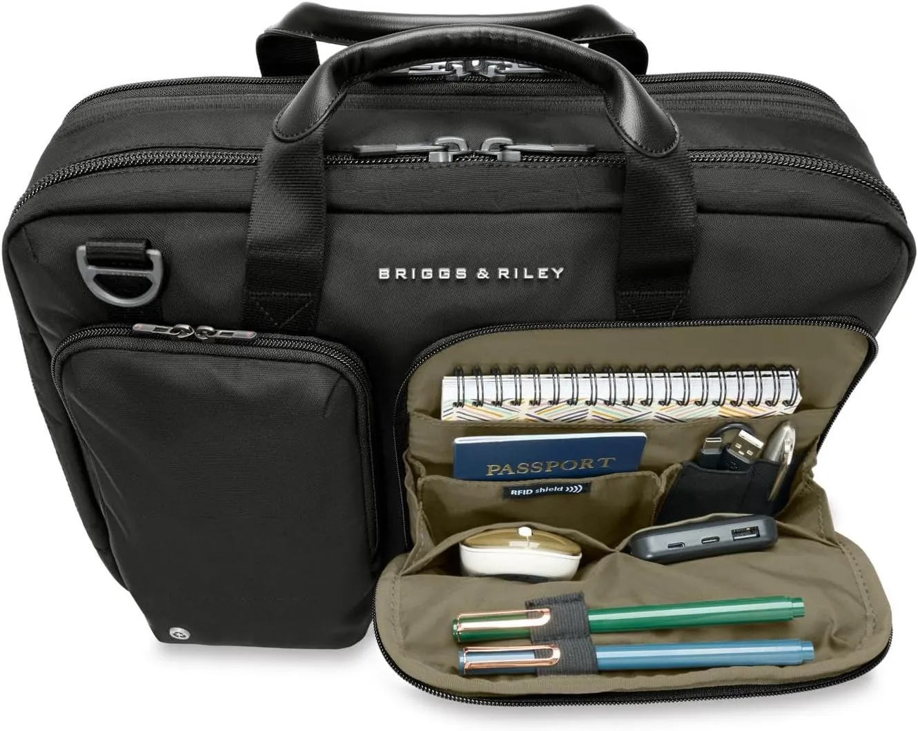 Briggs & Riley Medium Expandable Briefcase - Laptop Bag for Work & Travel, Briefs for Men & Women, Includes Shoulder Strap, Self-Repairing Zippers, Fits up to 15" Computer - HTA Collection, Black