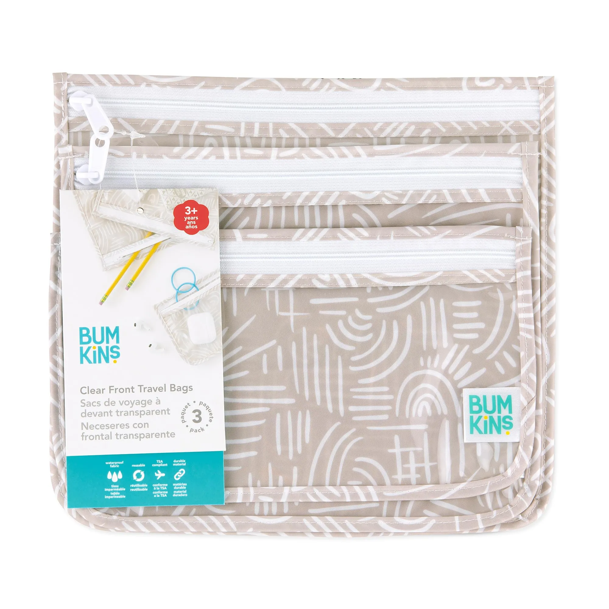 Bumkins Travel Bag, Toiletry, Baby, TSA Approved Pouch, Zip Bag, Quart Size Airline Compliant, Clear-Sided, Diaper Bag Organization, Makeup, Accessories, Set of 3 Sizes, Desert Boho