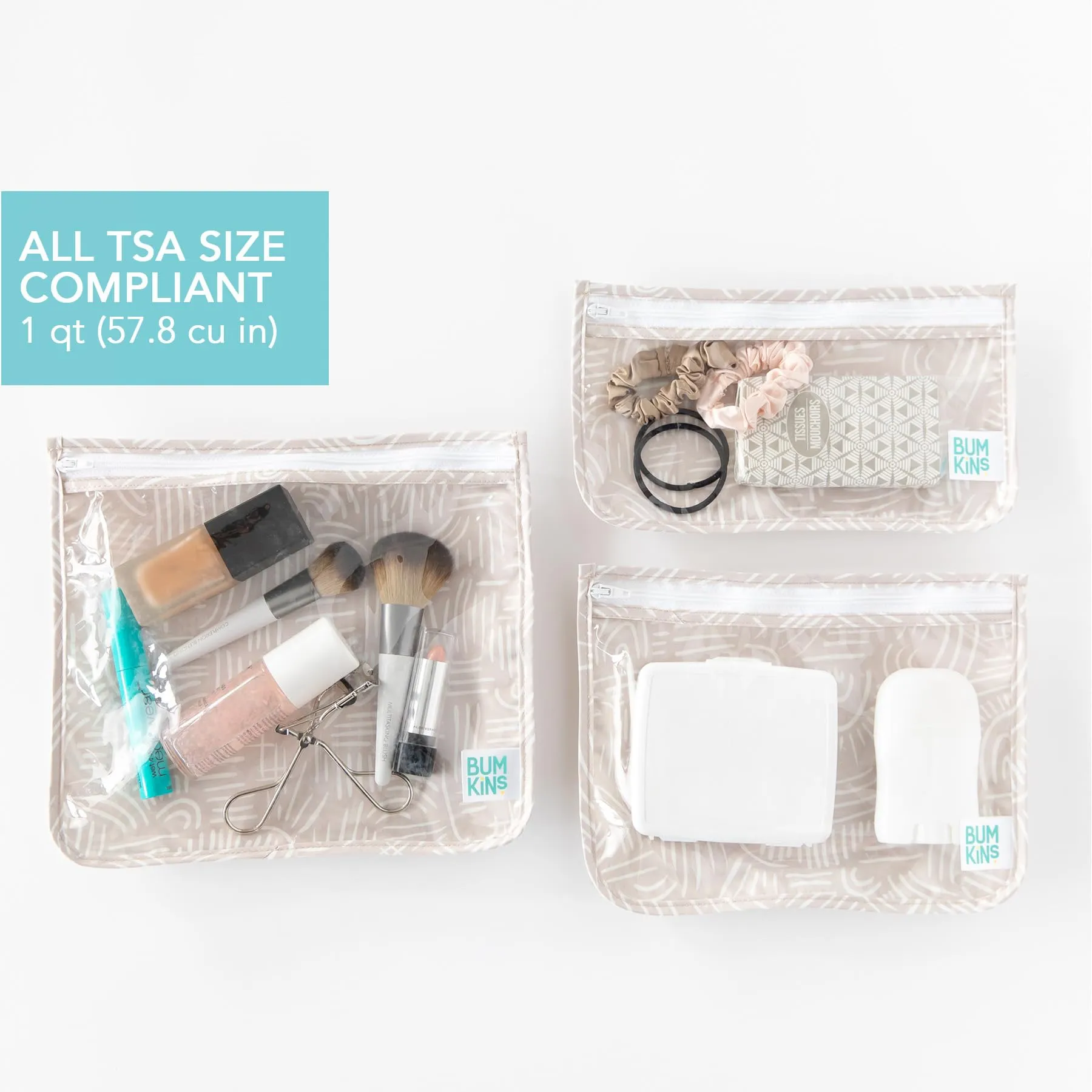 Bumkins Travel Bag, Toiletry, Baby, TSA Approved Pouch, Zip Bag, Quart Size Airline Compliant, Clear-Sided, Diaper Bag Organization, Makeup, Accessories, Set of 3 Sizes, Desert Boho