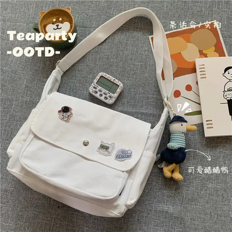 Canvas Handbags Japanese School Shoulder Harajuku Solid Color Leisure Large Capacity Messenger Male Female Tote Bag Women's Bags