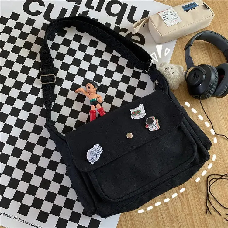 Canvas Handbags Japanese School Shoulder Harajuku Solid Color Leisure Large Capacity Messenger Male Female Tote Bag Women's Bags