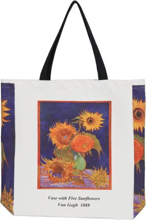 Canvas Tote Bag, Aesthetic Pattern Zipper Tote Bag, Reusable Oversized Plus Inside Pocket Grocery Bag, Supermarket, Beach, Lunch, Van Gogh - Vase with Five Sunflowers