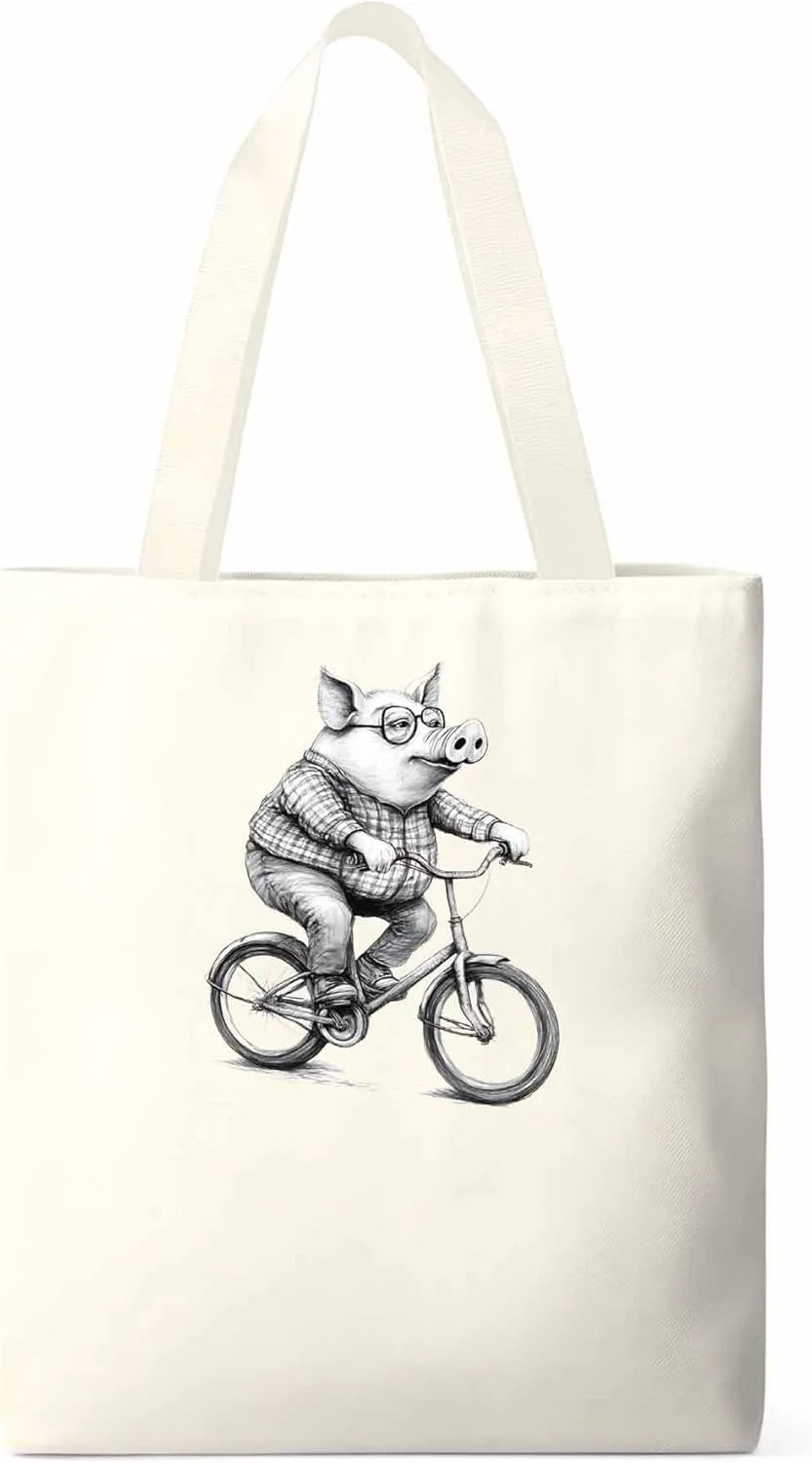 Canvas Tote Bag, Black White Pig on Bicycle patterned Canvas Tote Handbags for Women Shoulder Bag,