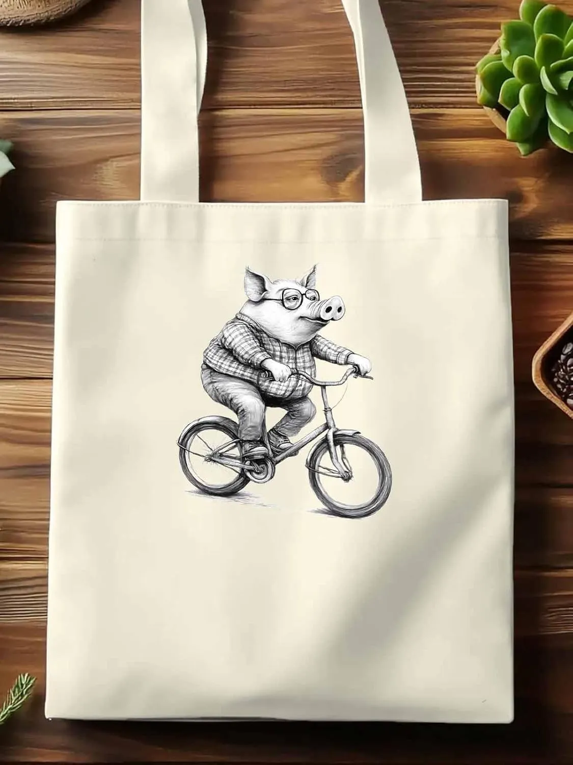 Canvas Tote Bag, Black White Pig on Bicycle patterned Canvas Tote Handbags for Women Shoulder Bag,
