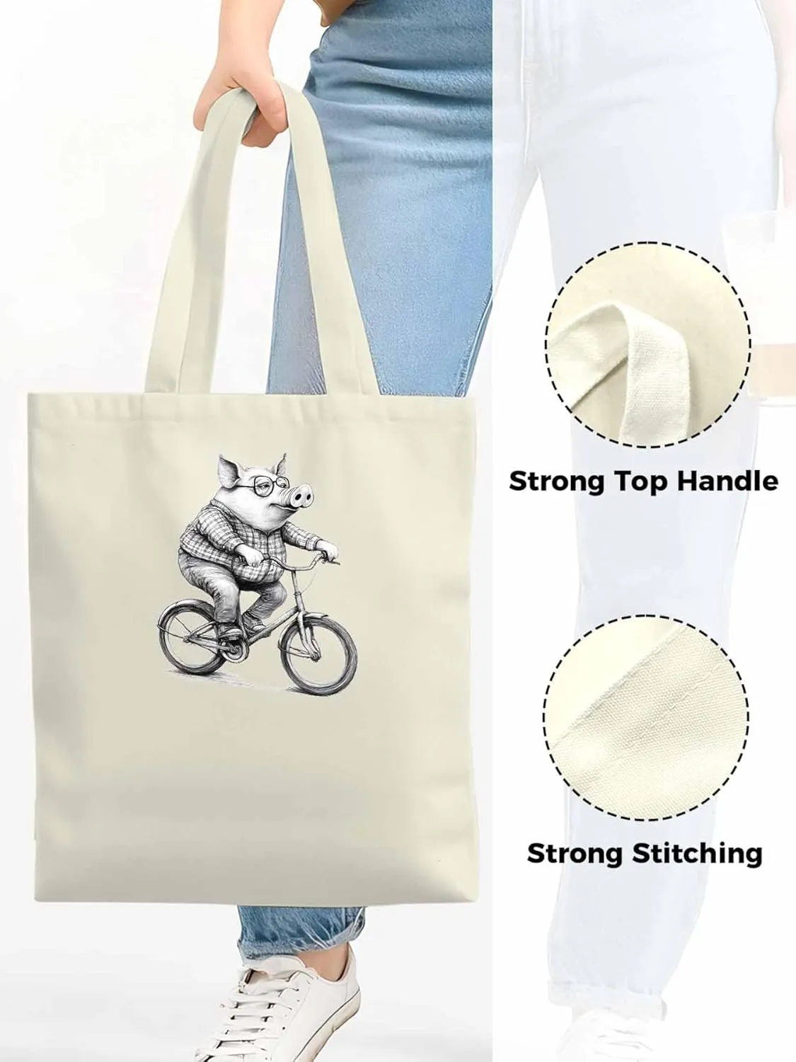 Canvas Tote Bag, Black White Pig on Bicycle patterned Canvas Tote Handbags for Women Shoulder Bag,
