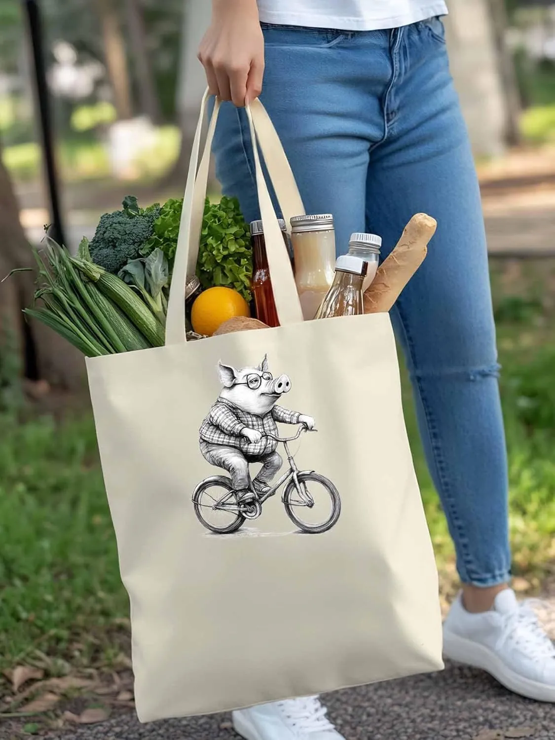 Canvas Tote Bag, Black White Pig on Bicycle patterned Canvas Tote Handbags for Women Shoulder Bag,