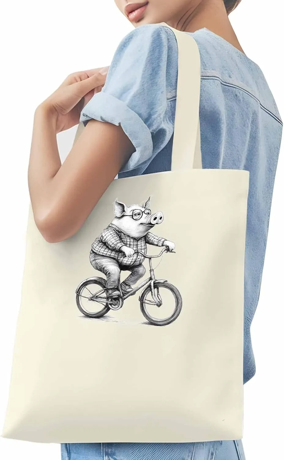 Canvas Tote Bag, Black White Pig on Bicycle patterned Canvas Tote Handbags for Women Shoulder Bag,