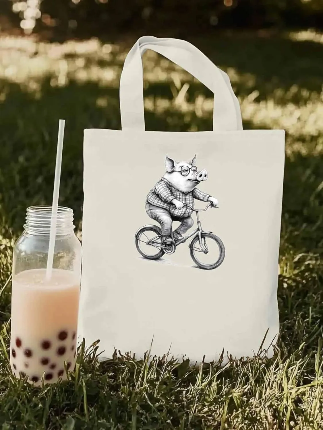 Canvas Tote Bag, Black White Pig on Bicycle patterned Canvas Tote Handbags for Women Shoulder Bag,
