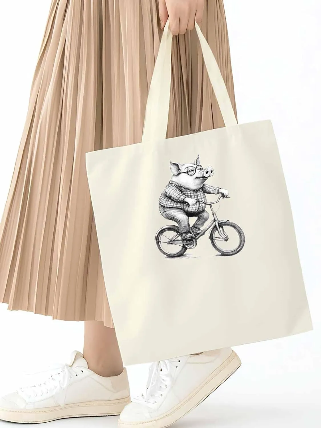 Canvas Tote Bag, Black White Pig on Bicycle patterned Canvas Tote Handbags for Women Shoulder Bag,