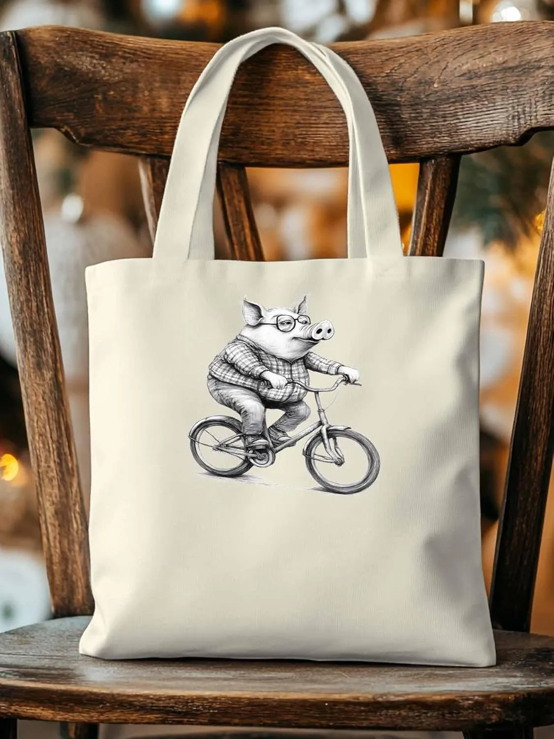 Canvas Tote Bag, Black White Pig on Bicycle patterned Canvas Tote Handbags for Women Shoulder Bag,