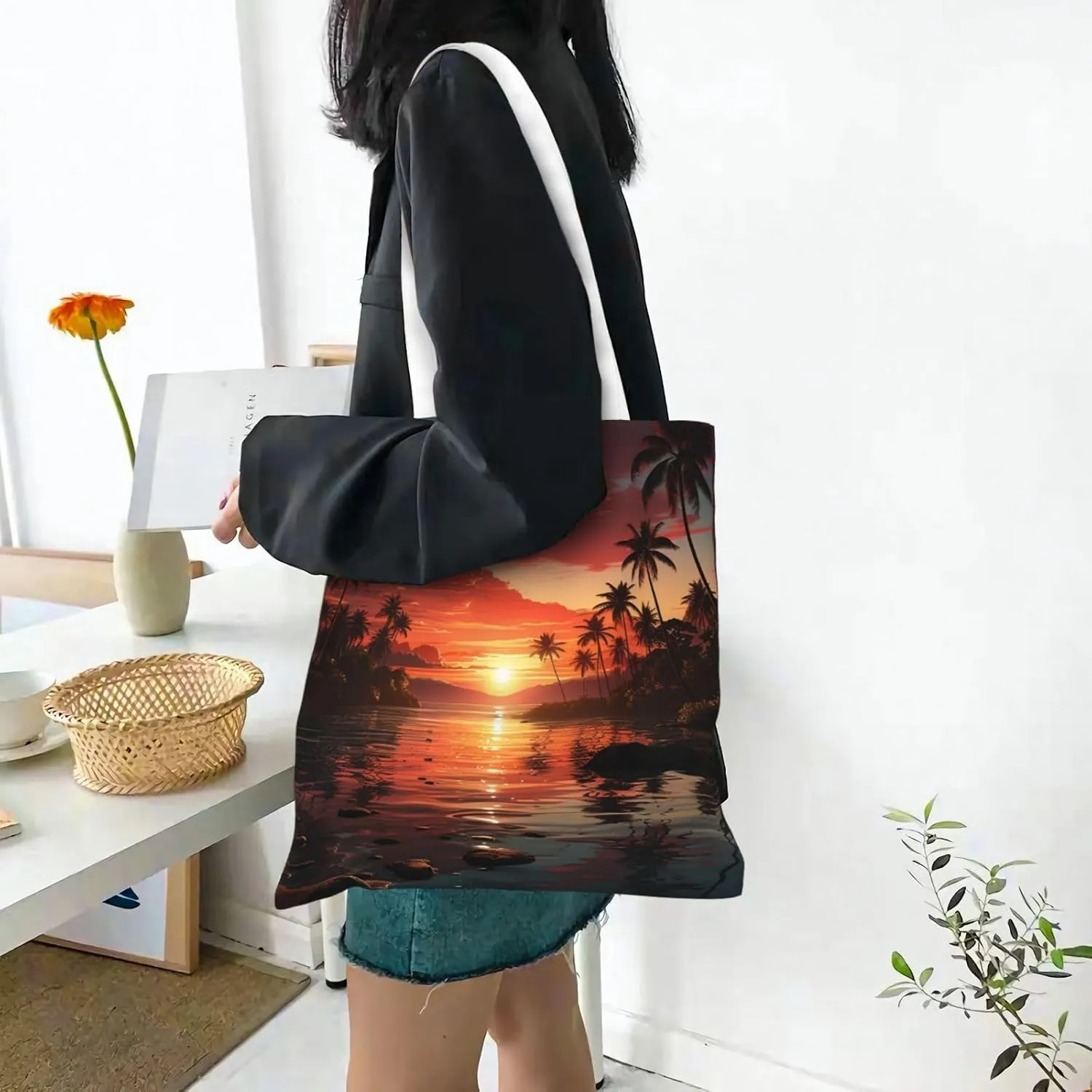 Canvas Tote Bag For Women Reusable Shopping Bag Casual Two Butterflies And Mushrooms Shoulder Bag Handbag For Travel
