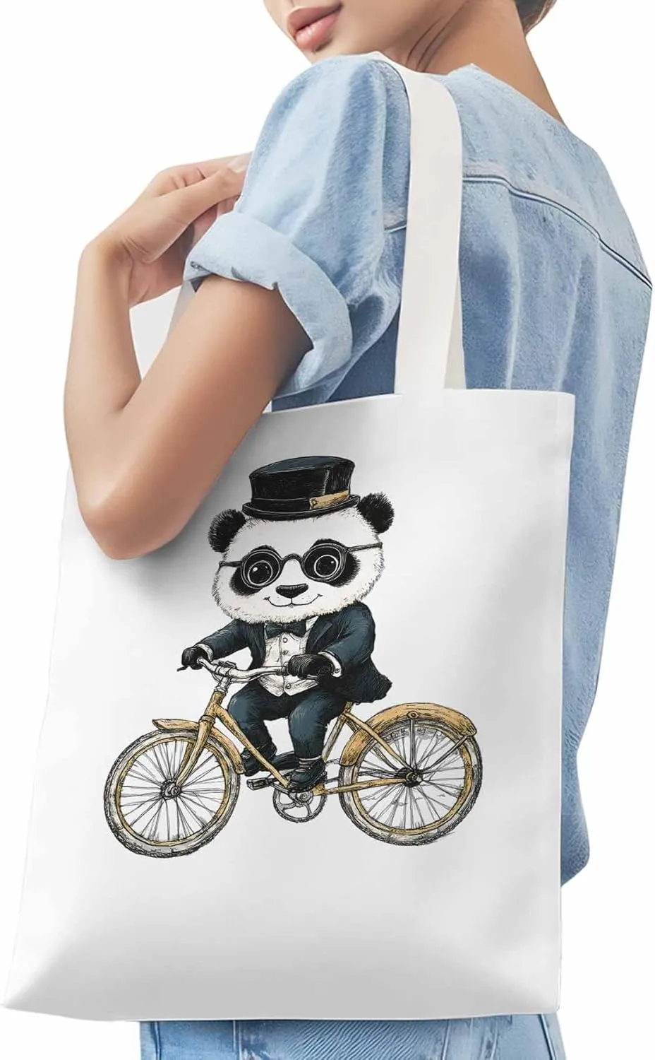 Canvas Tote Bag, in Glasses Panda Riding Bicycle patterned Canvas Tote Handbags for Women Shoulder Bag,