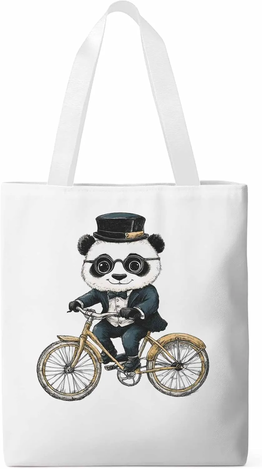 Canvas Tote Bag, in Glasses Panda Riding Bicycle patterned Canvas Tote Handbags for Women Shoulder Bag,