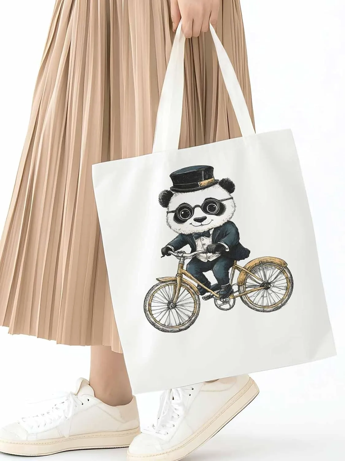 Canvas Tote Bag, in Glasses Panda Riding Bicycle patterned Canvas Tote Handbags for Women Shoulder Bag,