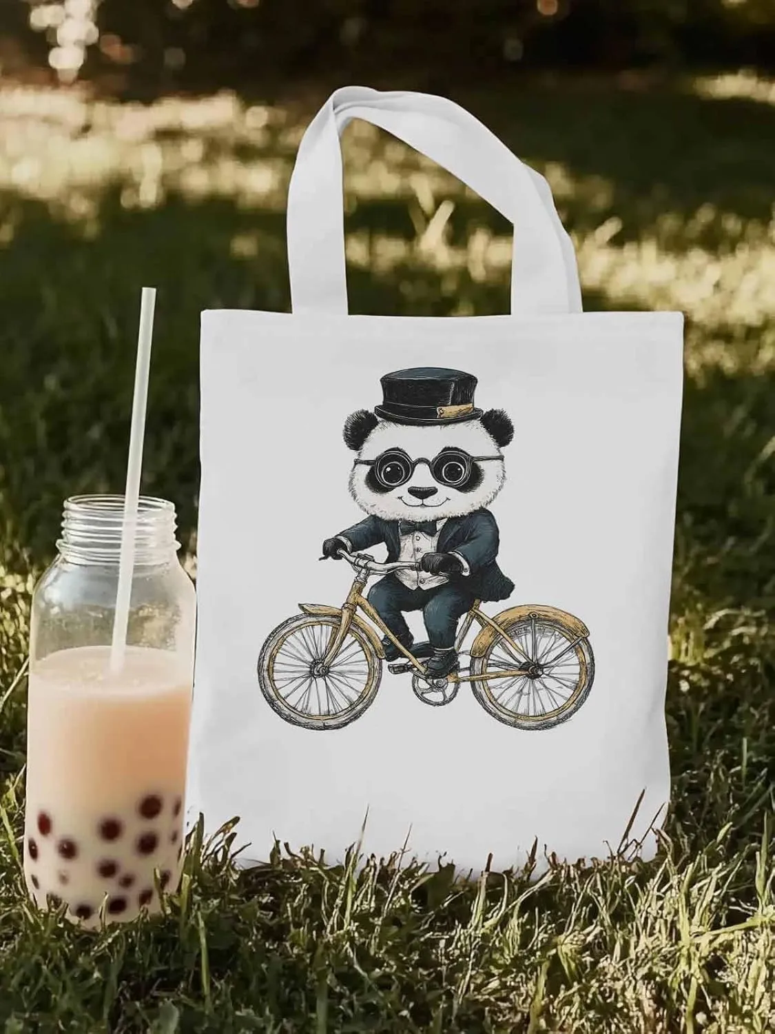 Canvas Tote Bag, in Glasses Panda Riding Bicycle patterned Canvas Tote Handbags for Women Shoulder Bag,