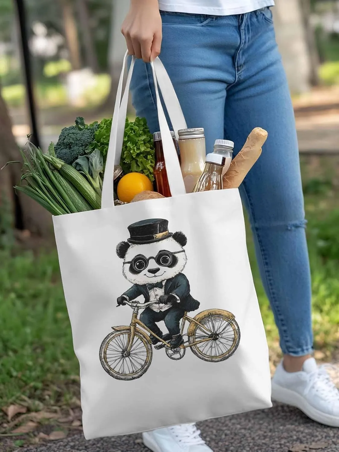 Canvas Tote Bag, in Glasses Panda Riding Bicycle patterned Canvas Tote Handbags for Women Shoulder Bag,