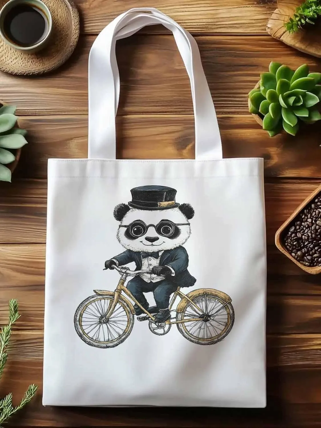 Canvas Tote Bag, in Glasses Panda Riding Bicycle patterned Canvas Tote Handbags for Women Shoulder Bag,