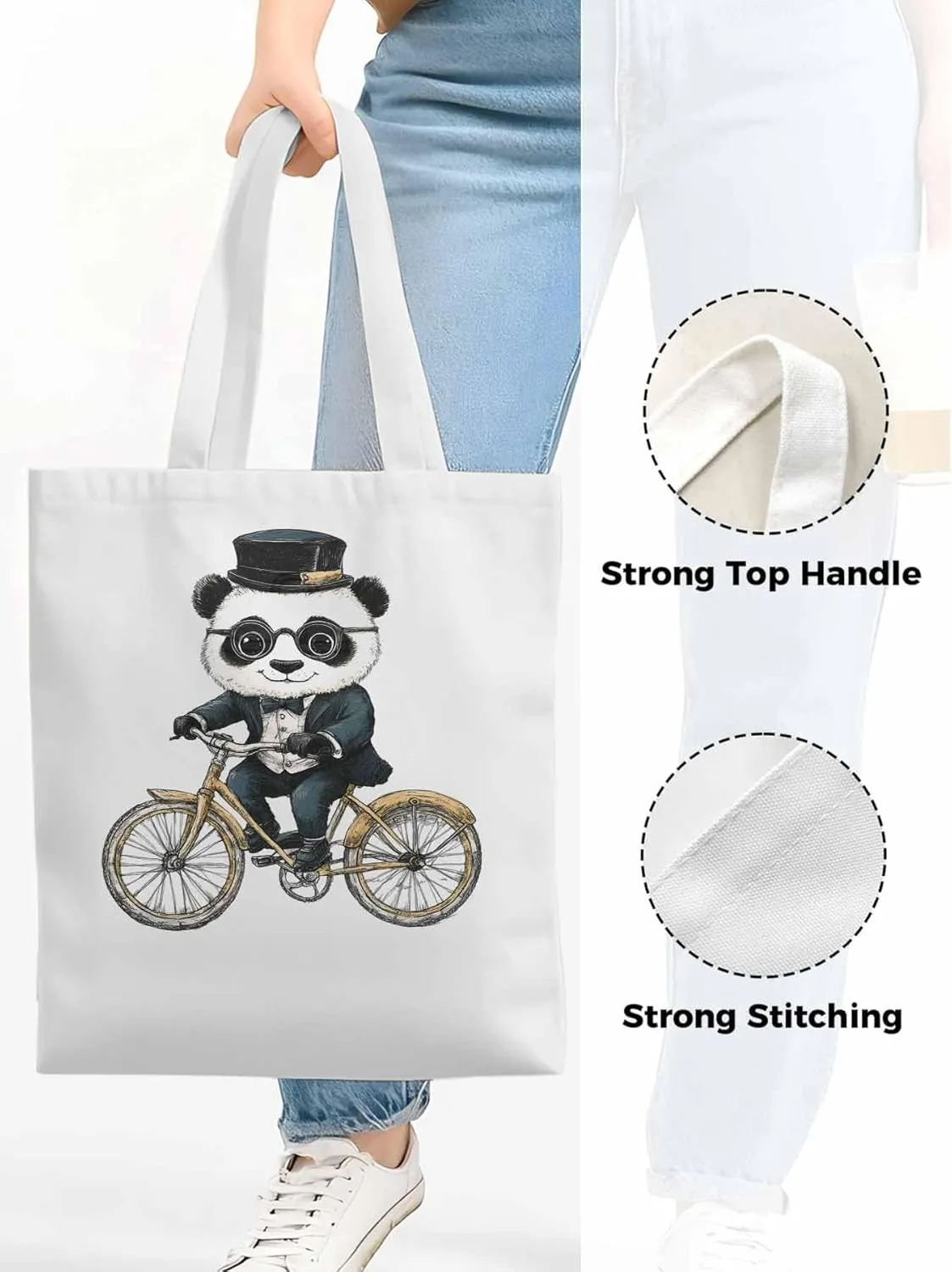 Canvas Tote Bag, in Glasses Panda Riding Bicycle patterned Canvas Tote Handbags for Women Shoulder Bag,