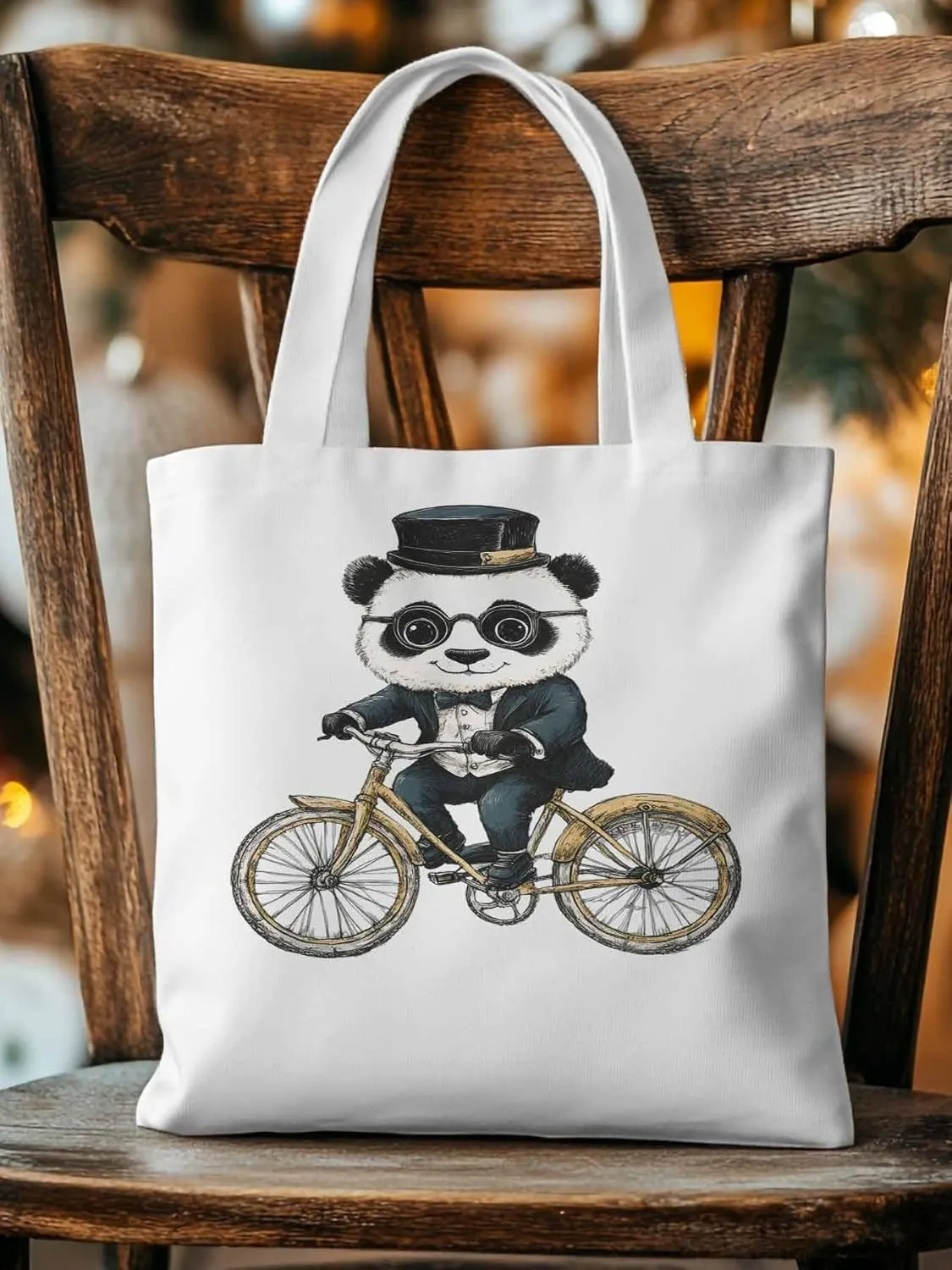 Canvas Tote Bag, in Glasses Panda Riding Bicycle patterned Canvas Tote Handbags for Women Shoulder Bag,