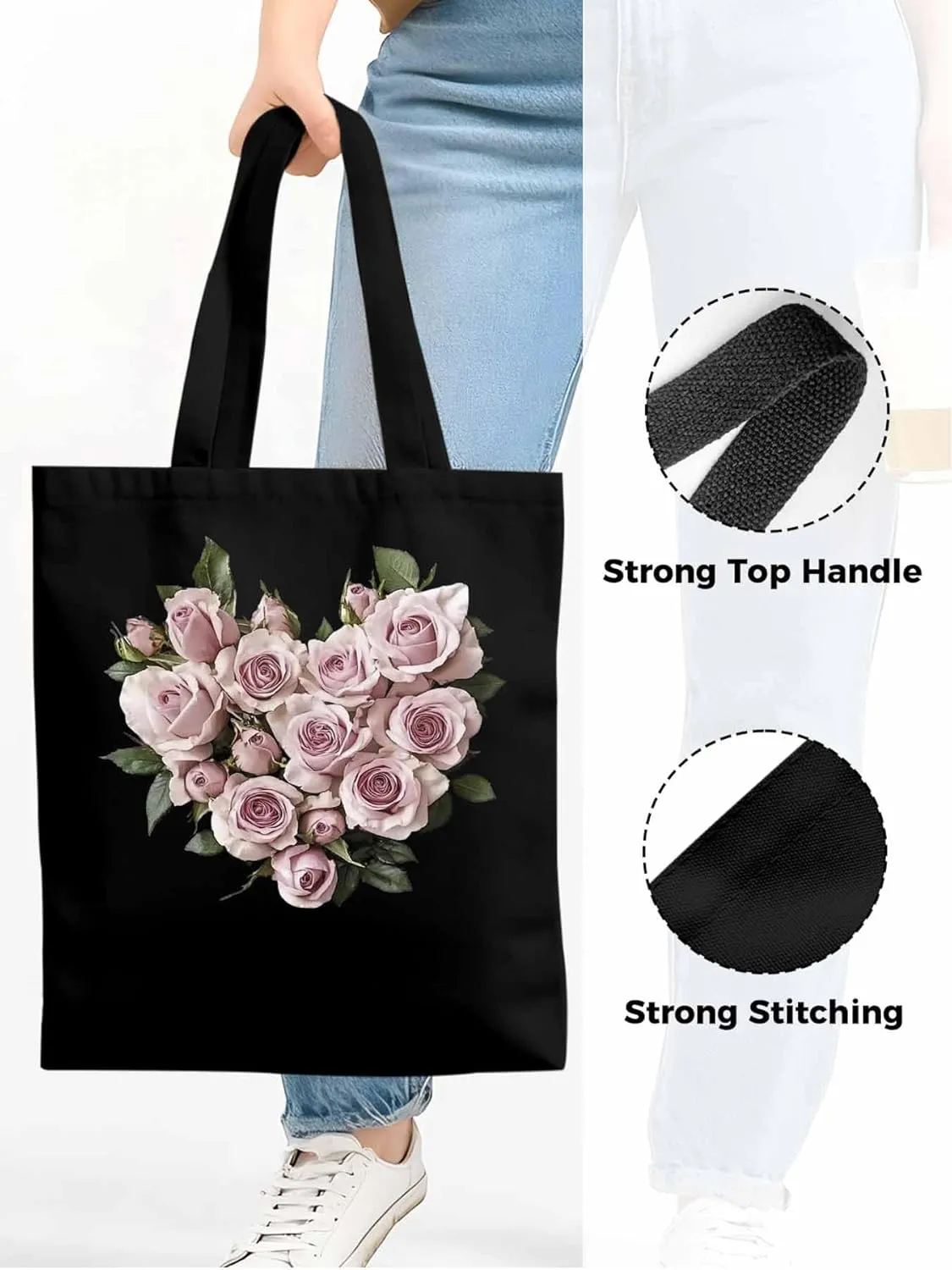 Canvas Tote Bag, Valentine's Day Roses Romantic Aesthetic Canvas Tote Handbags for Women Shoulder Bag