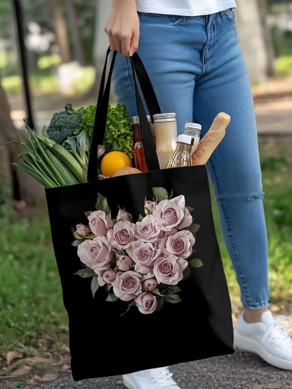 Canvas Tote Bag, Valentine's Day Roses Romantic Aesthetic Canvas Tote Handbags for Women Shoulder Bag