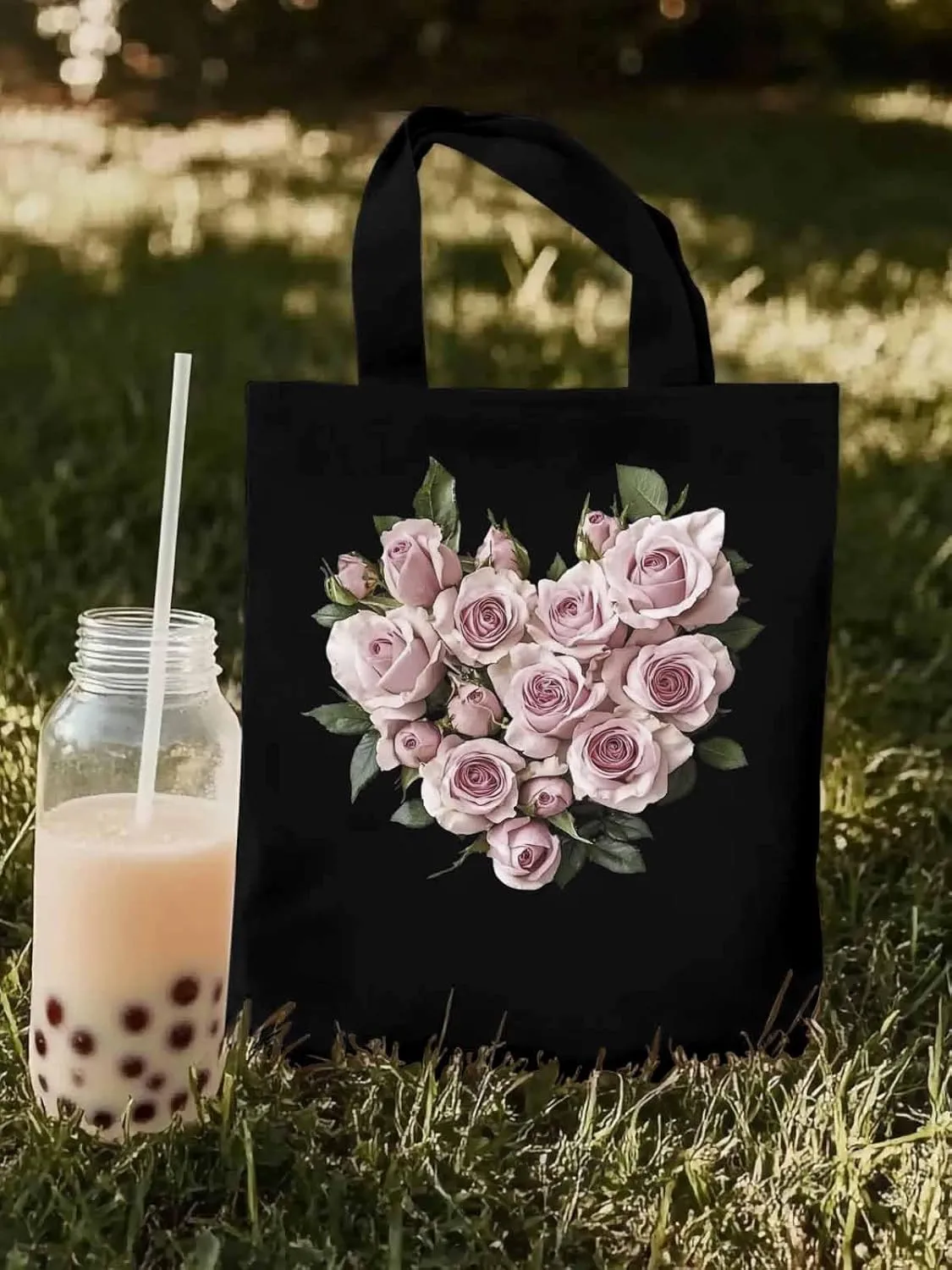 Canvas Tote Bag, Valentine's Day Roses Romantic Aesthetic Canvas Tote Handbags for Women Shoulder Bag