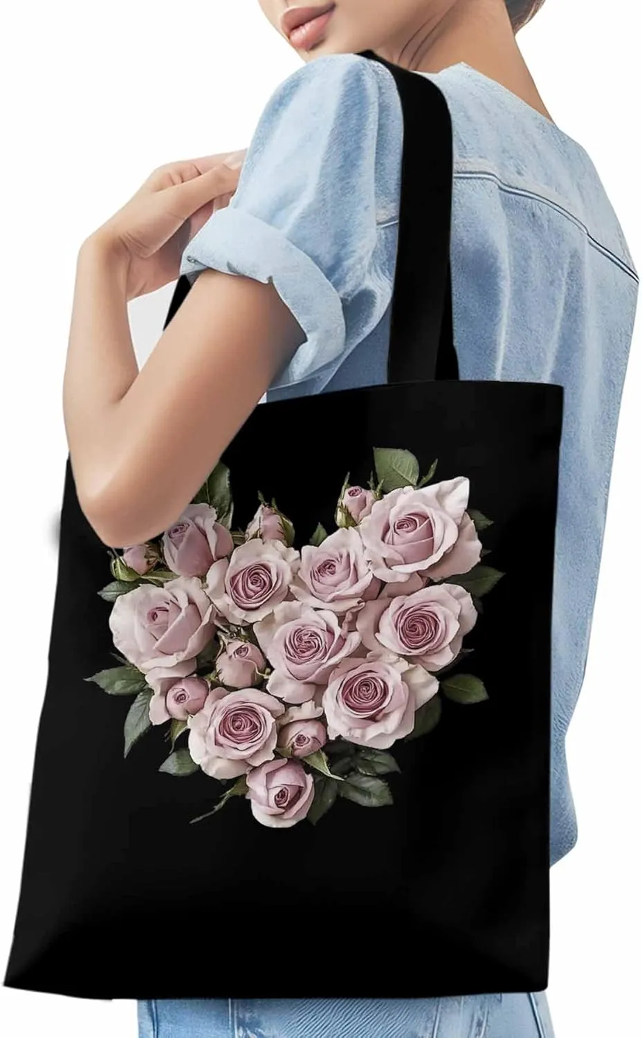 Canvas Tote Bag, Valentine's Day Roses Romantic Aesthetic Canvas Tote Handbags for Women Shoulder Bag